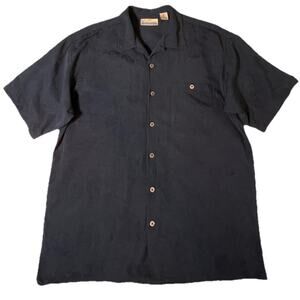 Bobby Chan Men’s LG Black 100% Silk Shirt Leaf Pattern Button Front Short Sleeve